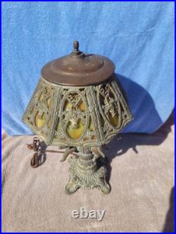 Antique 8 Panel Green Slag Stained Glass Table Lamp Male & Female Cherubs Ornate