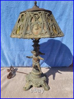 Antique 8 Panel Green Slag Stained Glass Table Lamp Male & Female Cherubs Ornate