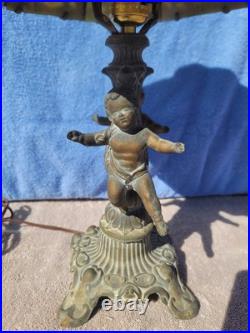 Antique 8 Panel Green Slag Stained Glass Table Lamp Male & Female Cherubs Ornate