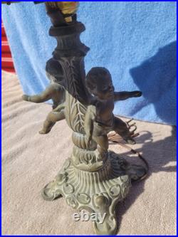 Antique 8 Panel Green Slag Stained Glass Table Lamp Male & Female Cherubs Ornate
