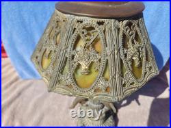 Antique 8 Panel Green Slag Stained Glass Table Lamp Male & Female Cherubs Ornate