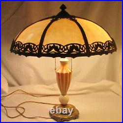 Antique 8 Panel Slag Glass Lamp with Glass & Polychrome Metal Lamp Base 2 Bulbs
