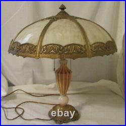 Antique 8 Panel Slag Glass Lamp with Glass & Polychrome Metal Lamp Base 2 Bulbs