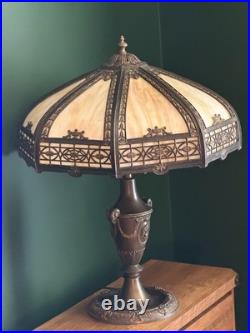 Antique 8 Panel Slag Glass Table Lamp Arts & Crafts Neoclassical 23.5 Signed
