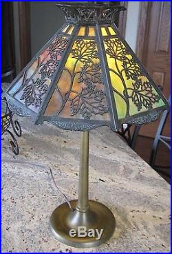 Antique 8 Panel Slag Glass Table Lamp with Leaf Filigree 1920's Art Nouveau Antique 8 Panel Slag Glass Table Lamp with Leaf Filigree 1920's Art Nouveau