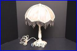 Antique 8 Panel Slag Glass Victorian Beaded Table Lamp Ornate 13 Shade 18 Tall