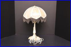 Antique 8 Panel Slag Glass Victorian Beaded Table Lamp Ornate 13 Shade 18 Tall