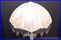 Antique 8 Panel Slag Glass Victorian Beaded Table Lamp Ornate 13 Shade 18 Tall