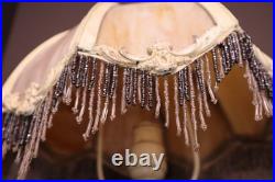 Antique 8 Panel Slag Glass Victorian Beaded Table Lamp Ornate 13 Shade 18 Tall