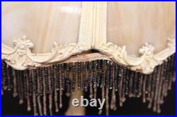 Antique 8 Panel Slag Glass Victorian Beaded Table Lamp Ornate 13 Shade 18 Tall