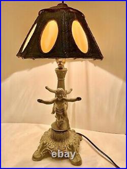 Antique 8 Panel Slag Stained Glass Table Lamp Male & Female Cherubs Ornate