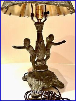 Antique 8 Panel Slag Stained Glass Table Lamp Male & Female Cherubs Ornate