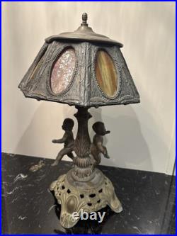Antique 8 Panel Slag Stained Glass Table Lamp Male & Female Cherubs Parts