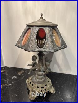Antique 8 Panel Slag Stained Glass Table Lamp Male & Female Cherubs Parts