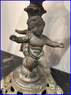 Antique 8 Panel Slag Stained Glass Table Lamp Male & Female Cherubs Parts