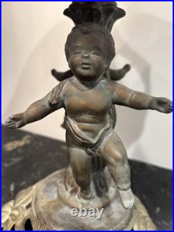 Antique 8 Panel Slag Stained Glass Table Lamp Male & Female Cherubs Parts