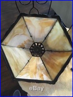 Antique 9 Panel Slag Glass Lighted Base Table Lamp Bryant Sockets