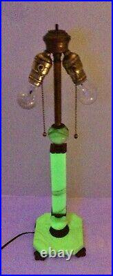 Antique AKRO AGATE Green SWIRL SLAG GLASS URANIUM Table LAMP w Stain Glass Shade