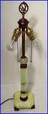 Antique AKRO AGATE Green SWIRL SLAG GLASS URANIUM Table LAMP w Stain Glass Shade