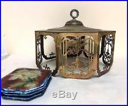 Antique ARTS CRAFTS 8-Panel Paipoint Slag Glass Table Lamp Chandelier Shade