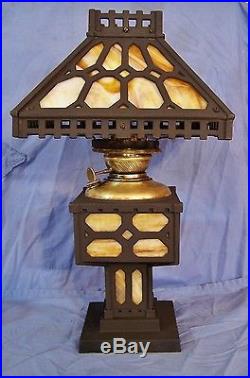 Antique ARTS & CRAFTS Caramel Slag Glass & Cast Iron Table Oil Lamp B&H Success