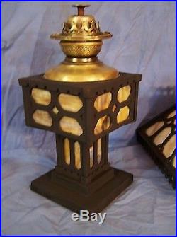 Antique ARTS & CRAFTS Caramel Slag Glass & Cast Iron Table Oil Lamp B&H Success