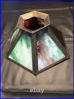 Antique ART & CRAFTS MISSION STYLE Multi Colors SLAG GLASS, Brass LAMP SHADE