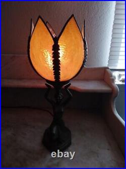 Antique ART DECO Lady Kneeling Circ1920 Table Lamp Brown Tulip Slag Glass Shade