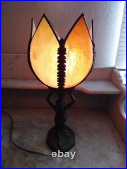 Antique ART DECO Lady Kneeling Circ1920 Table Lamp Brown Tulip Slag Glass Shade