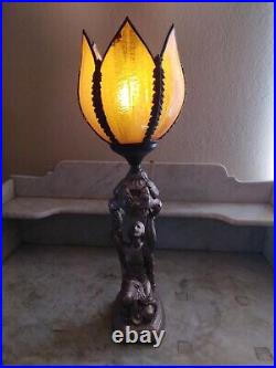 Antique ART DECO Table Lamp Brown Curved Slag Glass Shade Lady Keeling C. 1920's