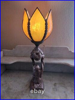 Antique ART DECO Table Lamp Brown Curved Slag Glass Shade Lady Keeling C. 1920's