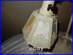 Antique ART NOUVEAU SLAG GLASS PANEL DBL. KNUCKLE DESK TABLE LAMP ORIGINAL