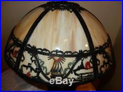 Antique ART NOUVEAU SLAG GLASS PANEL SCENIC TABLE LAMP ORIGINAL