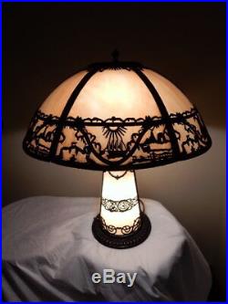 Antique ART NOUVEAU SLAG GLASS PANEL SCENIC TABLE LAMP ORIGINAL
