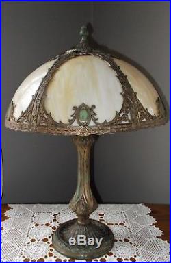 Antique A&c Deco Nouveau Slag Glass Lamp, 6 Panel Overlay Shade, Handel B&h Era