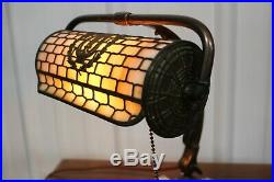 Antique Adjustable Handel Piano Or Desk Lamp With Slag Glass Shade Great Patina