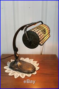 Antique Adjustable Handel Piano Or Desk Lamp With Slag Glass Shade Great Patina