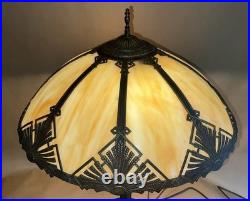 Antique American Arts & Crafts Bronze Slag Glass 8 Panel Table Lampe