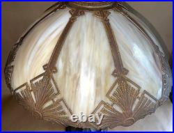 Antique American Arts & Crafts Bronze Slag Glass 8 Panel Table Lampe