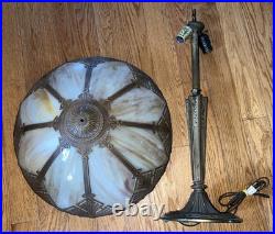Antique American Arts & Crafts Bronze Slag Glass 8 Panel Table Lampe