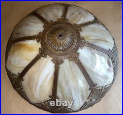 Antique American Arts & Crafts Bronze Slag Glass 8 Panel Table Lampe