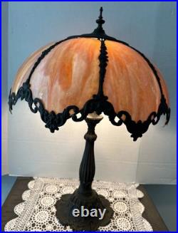 Antique American Slag Glass Lamp Caramel with Floral Leaves base 2 lights 3 ways