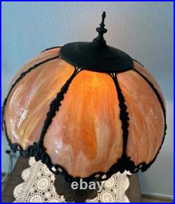 Antique American Slag Glass Lamp Caramel with Floral Leaves base 2 lights 3 ways