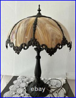 Antique American Slag Glass Lamp Caramel with Floral Leaves base 2 lights 3 ways
