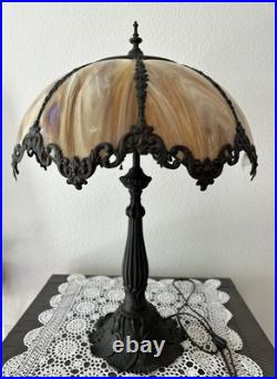 Antique American Slag Glass Lamp Caramel with Floral Leaves base 2 lights 3 ways