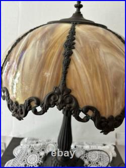 Antique American Slag Glass Lamp Caramel with Floral Leaves base 2 lights 3 ways