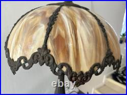 Antique American Slag Glass Lamp Caramel with Floral Leaves base 2 lights 3 ways