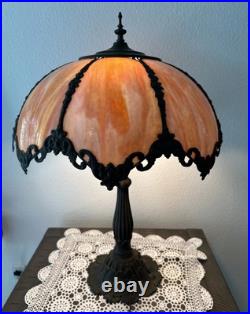 Antique American Slag Glass Lamp Caramel with Floral Leaves base 2 lights 3 ways