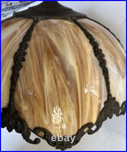 Antique American Slag Glass Lamp Caramel with Floral Leaves base 2 lights 3 ways