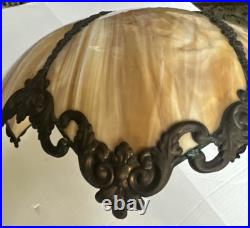Antique American Slag Glass Lamp Caramel with Floral Leaves base 2 lights 3 ways